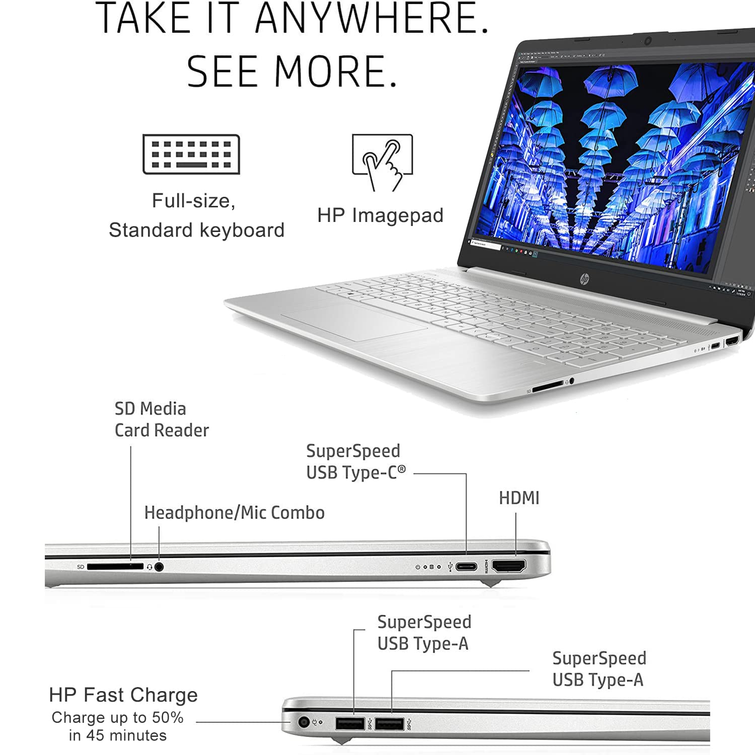 HP 14" Touchscreen Thin & Light Laptop, AMD Ryzen 7 5700U (>i7-1255U), Wi-Fi, Bluetooth, Win11 Black W/HDMI
