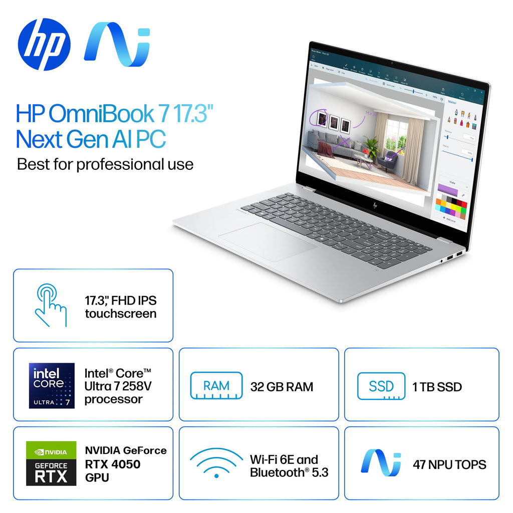 HP OmniBook 7 17 Inch Touchscreen Laptop for Business & Gaming, 17.3" FHD 400 nits, Intel 8-Core Ultra 7 258V, 32 GB DDR5 RAM, 4 TB SSD, NVIDIA RTX 4050, Backlit Keyboard, 5MP IR Cam, Windows 11 Pro