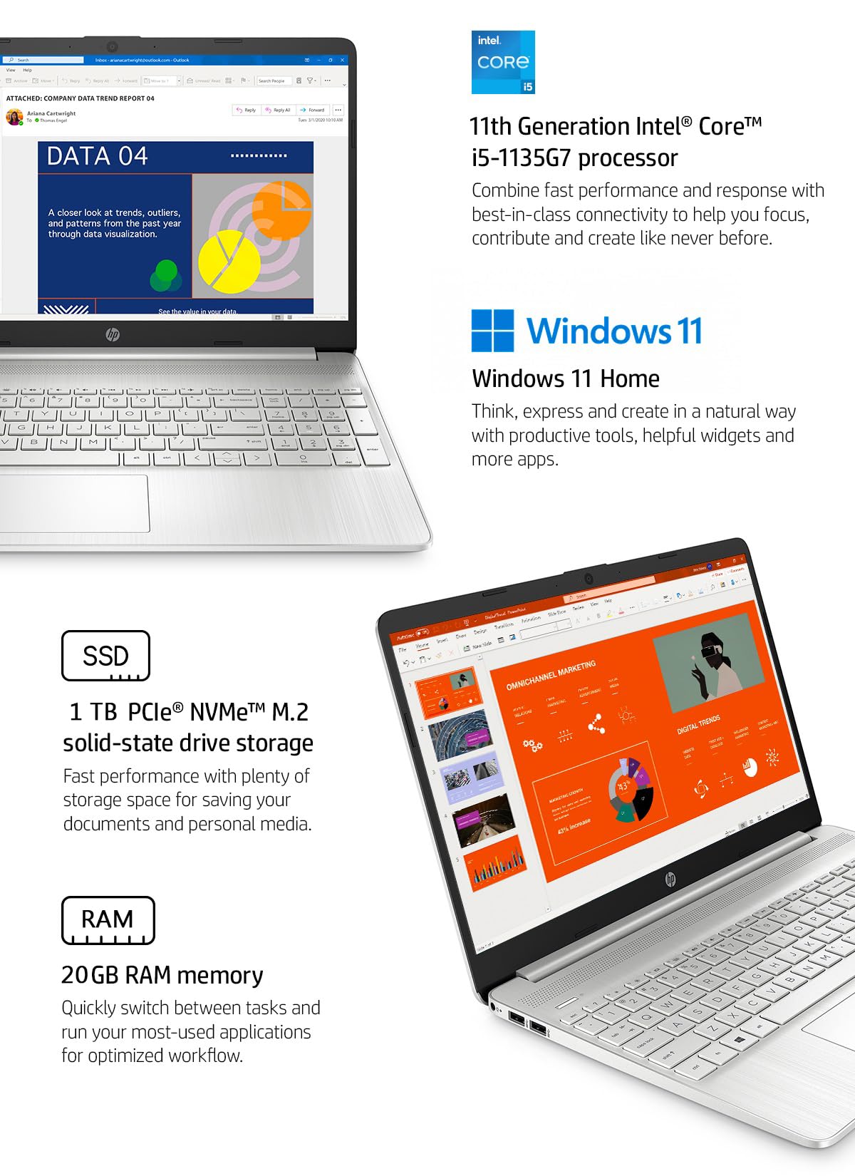 HP Newest 15.6" Full HD (1920 x 1080) Laptop, 20GB RAM, 1TB SSD Storage, Intel Core i5-1135G7 Processor up to 4.2GHz, Long Battery Life, HD Camera, HDMI, Windows 11, Natural Silver, W/GaLiMu