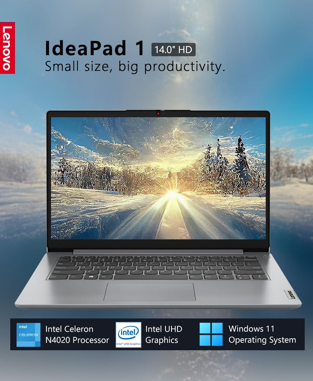 Lenovo IdeaPad 1 14 Laptop, 14.0" HD Display, Intel Celeron N4020, 4GB RAM, 64GB Storage, Intel UHD Graphics 600, Win 10 in S Mode, Ice Blue