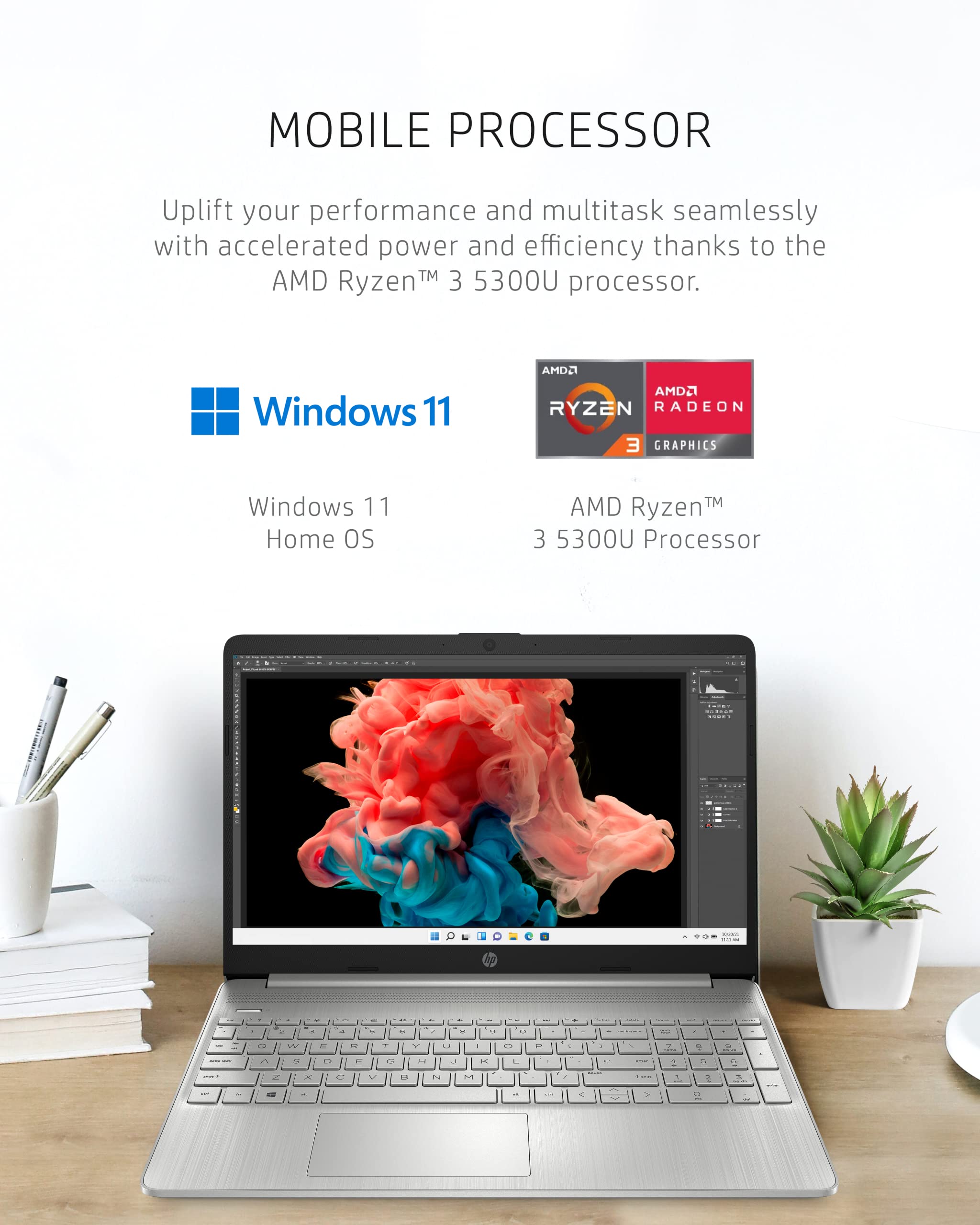 HP 2023 15.6-inch HD Micro-Edge Laptop, AMD Ryzen 3-5300U Processor, 12GB RAM, 256GB SSD Storage, Windows 11 Home, Long-Lasting Battery, Fast Charge, 720p Webcam, Natural Silver