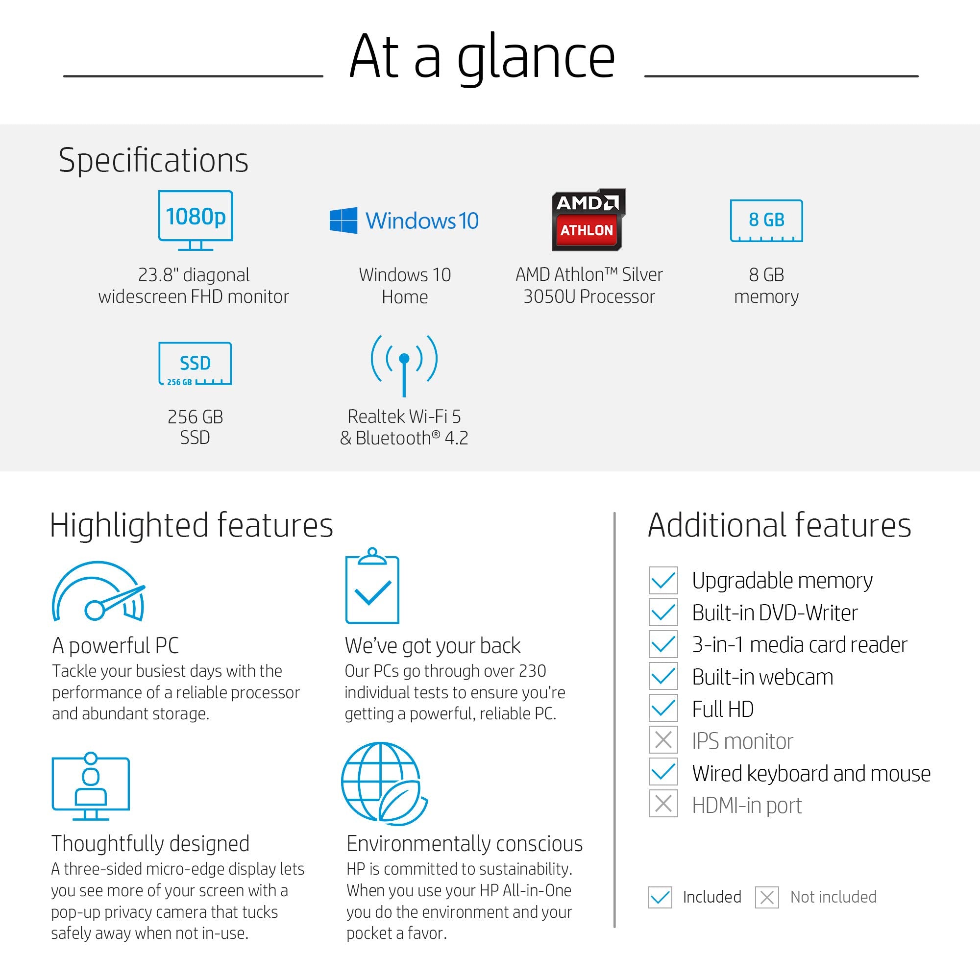 HP 24-Inch All-in-One Computer, AMD A9-9425, 8GB RAM, 1TB Hard Drive, Windows 10 (24-f0020, White)