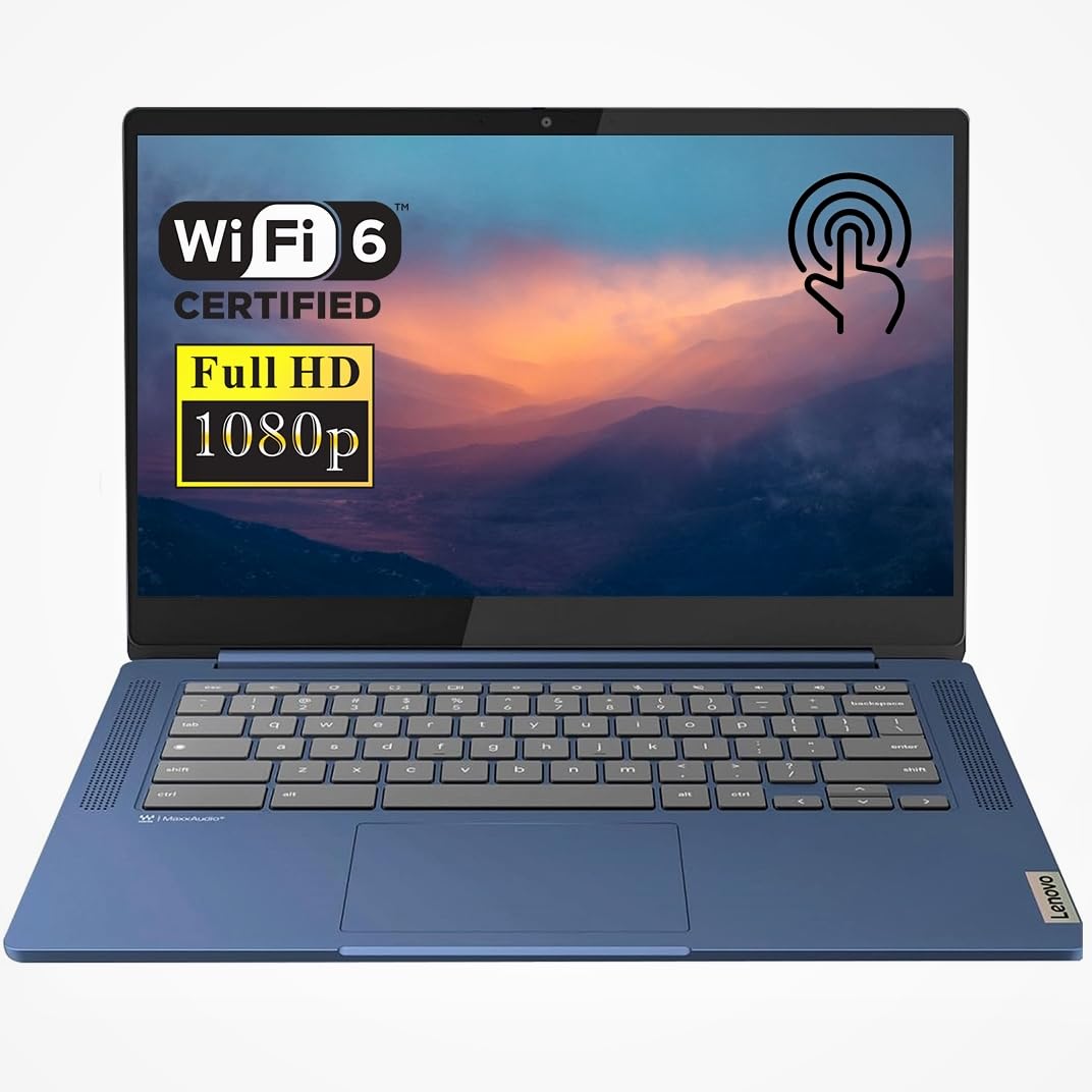 Lenovo Slim 3 Chromebook Laptop, 14” FHD Touchscreen, MediaTek Kompanio 520, 4GB RAM, 64GB eMMC, Webcam, Wi-Fi 6, MicroSD Card Reader, Bluetooth, Chrome OS, Blue