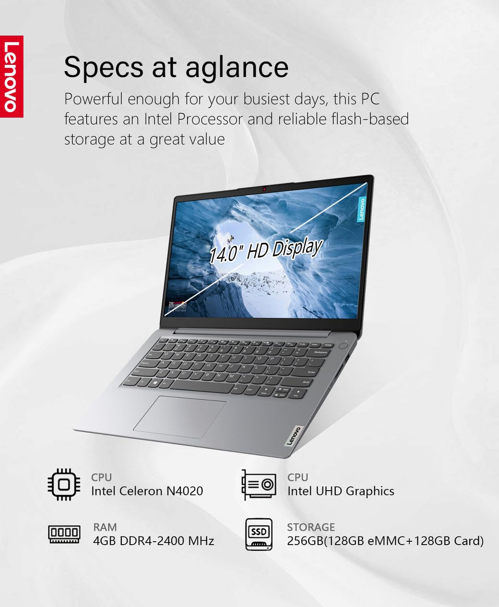 Lenovo IdeaPad 1 14 Laptop, 14.0" HD Display, Intel Celeron N4020, 4GB RAM, 64GB Storage, Intel UHD Graphics 600, Win 10 in S Mode, Ice Blue