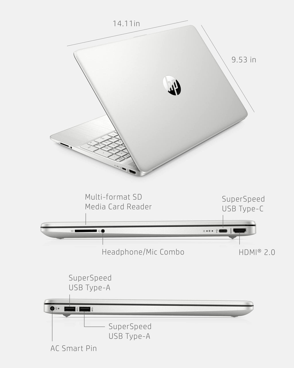 HP 2023 15.6-inch HD Micro-Edge Laptop, AMD Ryzen 3-5300U Processor, 12GB RAM, 256GB SSD Storage, Windows 11 Home, Long-Lasting Battery, Fast Charge, 720p Webcam, Natural Silver