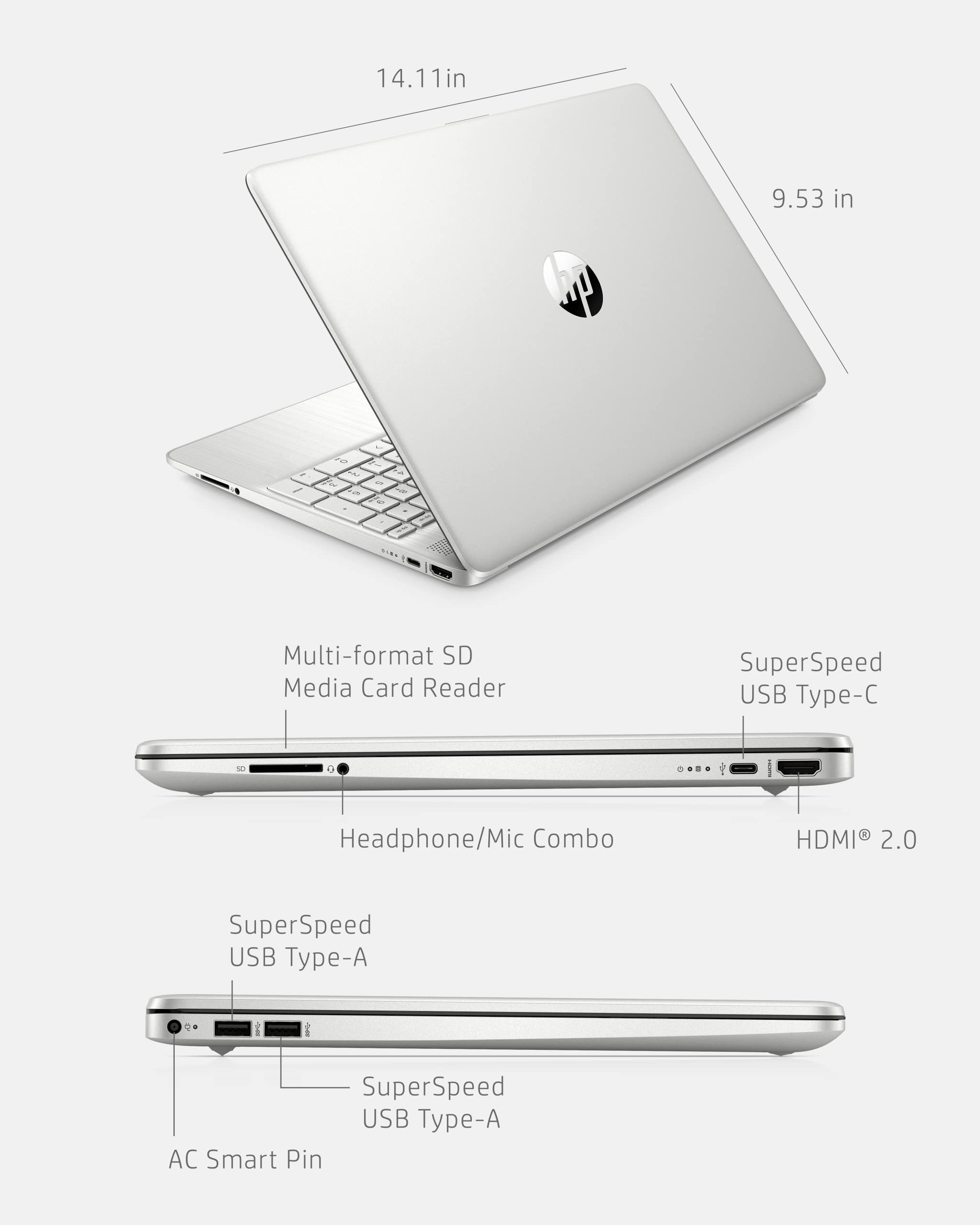 HP 2023 15.6-inch HD Micro-Edge Laptop, AMD Ryzen 3-5300U Processor, 12GB RAM, 256GB SSD Storage, Windows 11 Home, Long-Lasting Battery, Fast Charge, 720p Webcam, Natural Silver