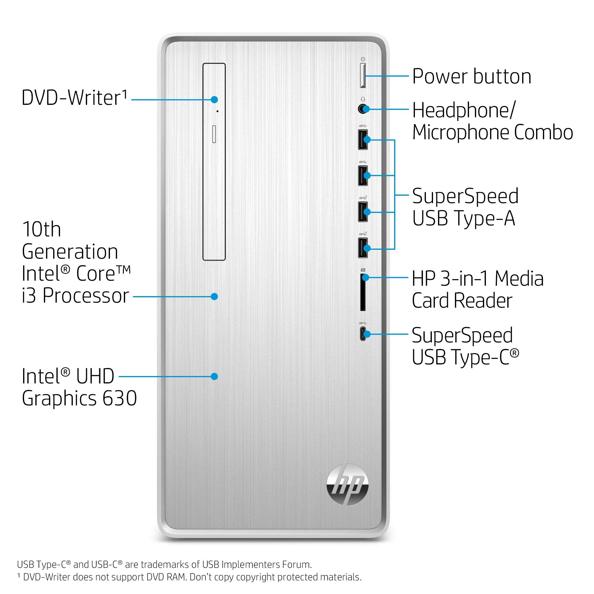 HP Pavilion Desktop, Intel Core i3-10100, 8 GB RAM, 512 GB SSD, Windows 10 Home