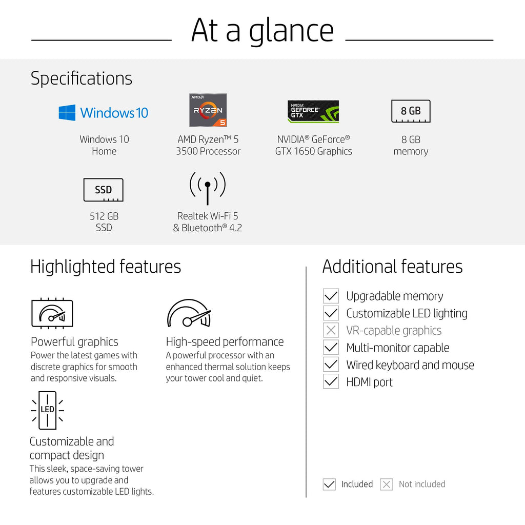 HP Pavilion Gaming Desktop Computer, AMD Ryzen 5 3500 Processor, NVIDIA GeForce GTX 1650 4 GB, 8 GB RAM, 512 GB SSD, Windows 10 Home (TG01-0030, Black)