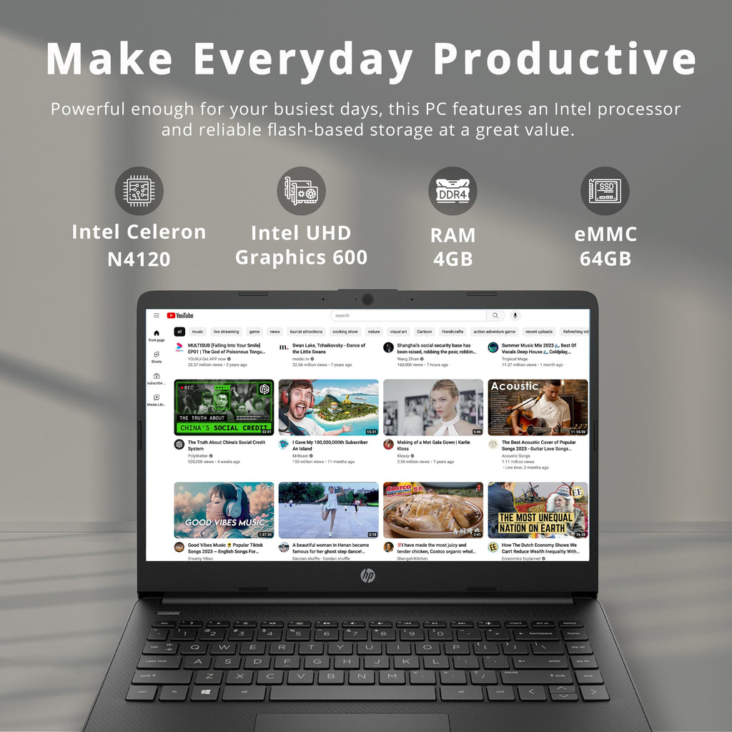 HP Stream 14" HD BrightView Laptop, Intel Celeron N4120 Processor, 4GB RAM, 64GB SSD, Intel UHD Graphics, 720p Webcam, WiFi, HDMI, Win 11 S, Black (Renewed)