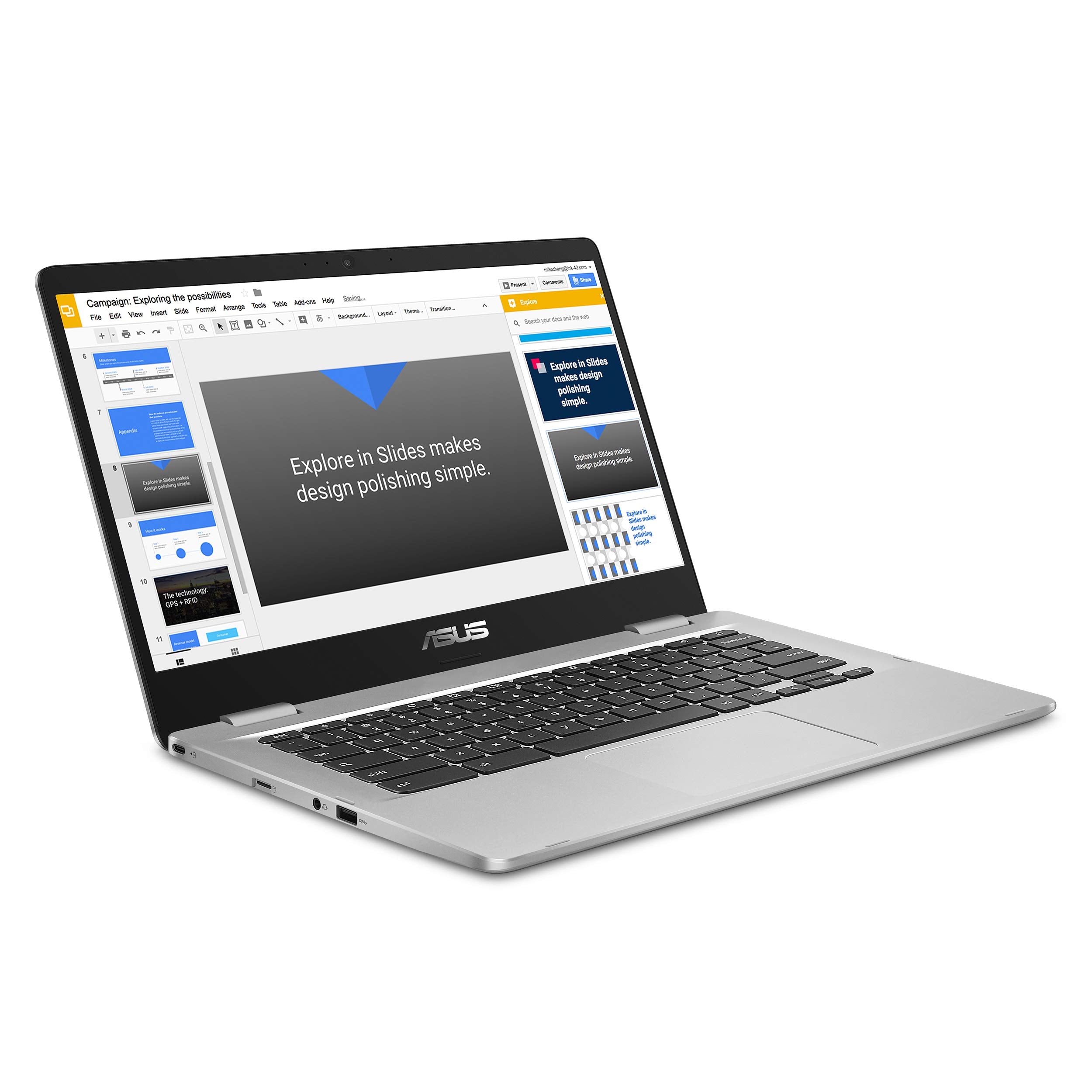 ASUS C425TA-AS348FT Chromebook C425 Clamshell Laptop, 14" FHD 4-Way NanoEdge Touch Screen, Intel Core m3-8100Y Processor, 4GB RAM, 128GB eMMC Storage, Backlit KB, Silver, Chrome OS, C425TA-AS348FT
