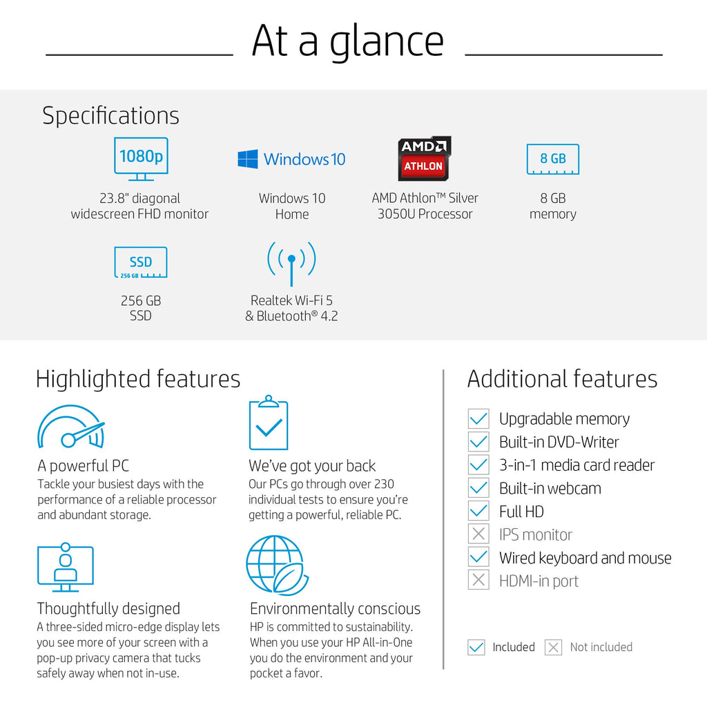 HP 24-Inch All-in-One Computer, AMD A9-9425, 8GB RAM, 1TB Hard Drive, Windows 10 (24-f0020, White)