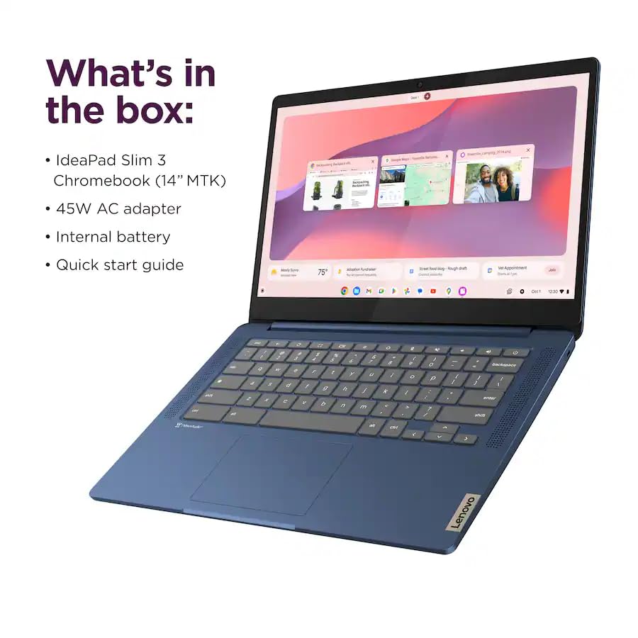 Lenovo IdeaPad Slim 3 Chromebook • 14'' FHD 250nits Display • MediaTek Kompanio 520 CPU (8-Core) • 4GB LPDDR4X • 64GB eMMC & 256GB Micro SD Card • Wi-Fi 6 • Chrome OS • Accessories