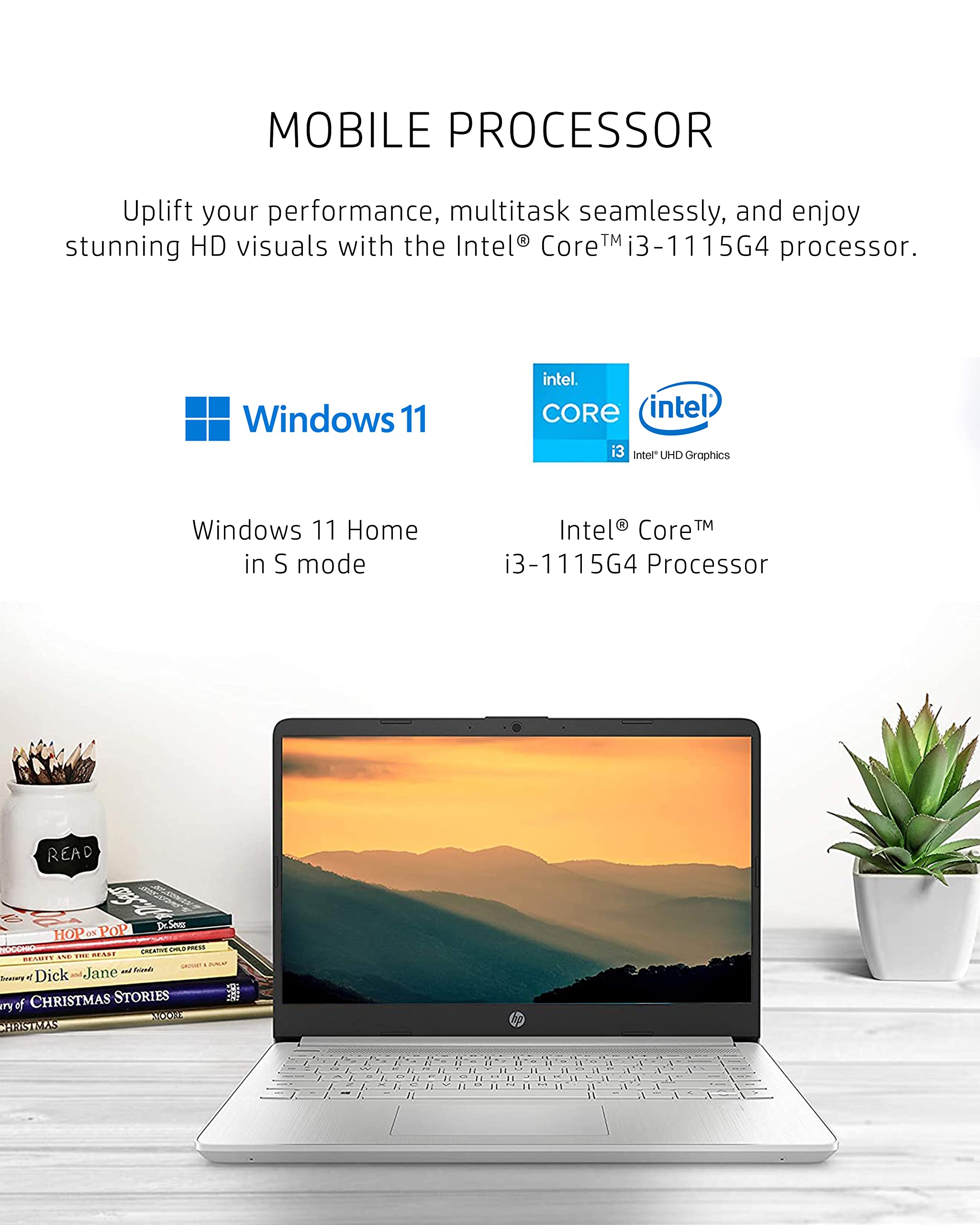 HP 14 Laptop, 11th Gen Intel Core i3-1115G4, 4 GB RAM, 128 GB SSD Storage, 14-inch HD Display, Windows 11 in S Mode, Long Battery Life, Fast-Charge Technology, Thin & Light Design (14-dq2010nr, 2021)